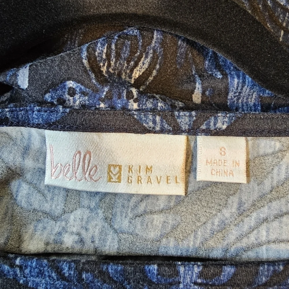 Belle Kim Gravel Pullover Top Tie Waist 3/4 Sleeve Black Heather Blue Rose Motif - Picture 7 of 11